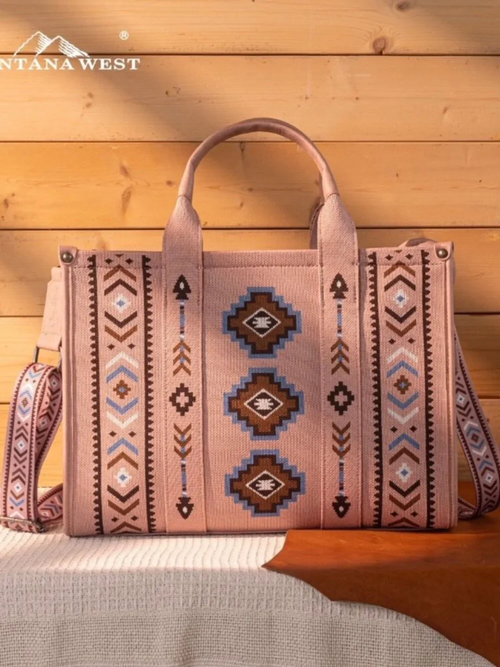 Montana West Aztec Retro Arrows Dual Sided Print Large Tote/Crossbody Pink